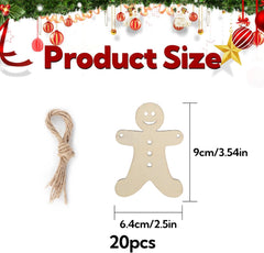 Wooden gingerbread man ornament with twine, measurements, and Christmas decorations.