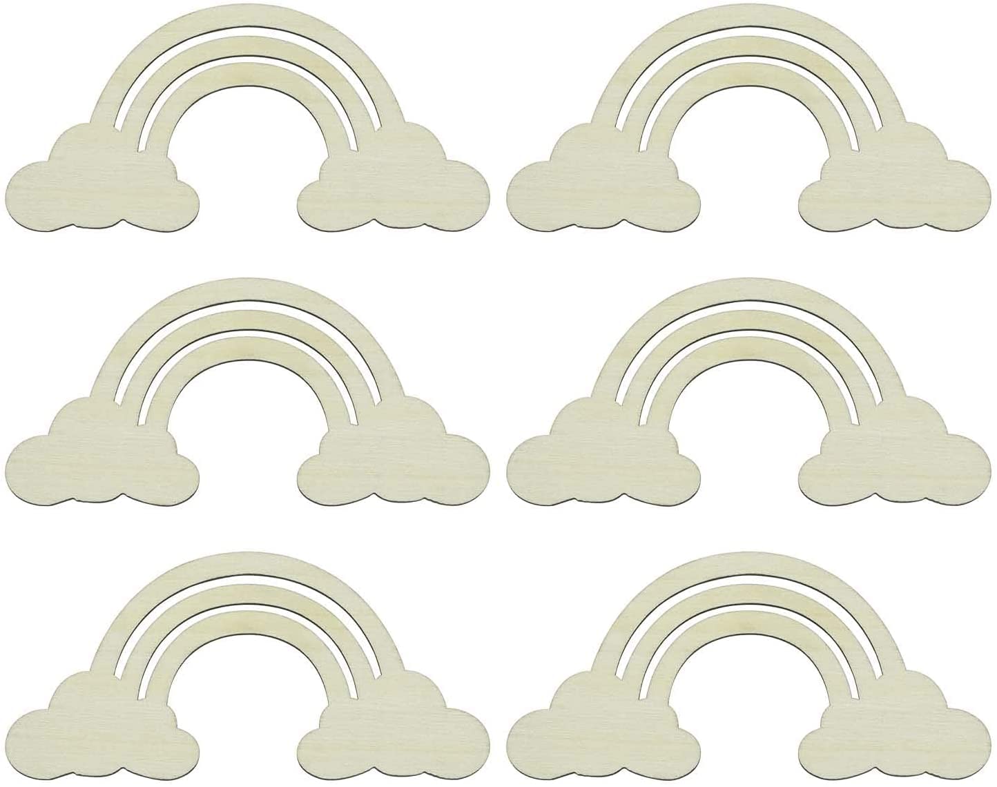 Set of six beige rainbow and cloud-shaped cookie cutters on a white background