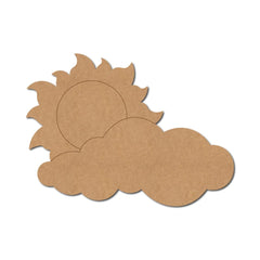 Cardboard cutout of a sun and cloud on a white background