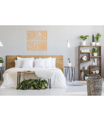 Modern bedroom with wooden headboard, white bedding, and decorative elements.