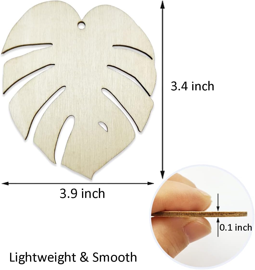 Wooden leaf-shaped pendant with measurements and a close-up of its thickness.