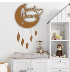 Decorative wall hanging with 'Sweet Dreams' text in a nursery setting.