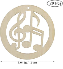 Wooden cutout with musical notes and measurements on a white background