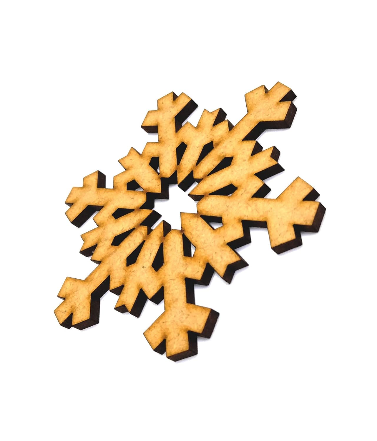 Wooden snowflake ornament on a white background