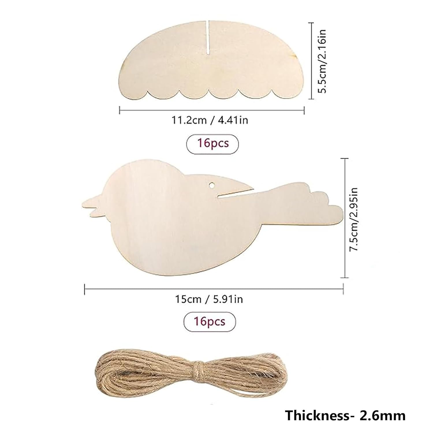 Wooden bird shapes with dimensions and jute rope on a white background