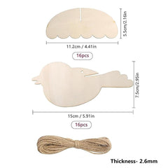 Wooden bird shapes with dimensions and jute rope on a white background