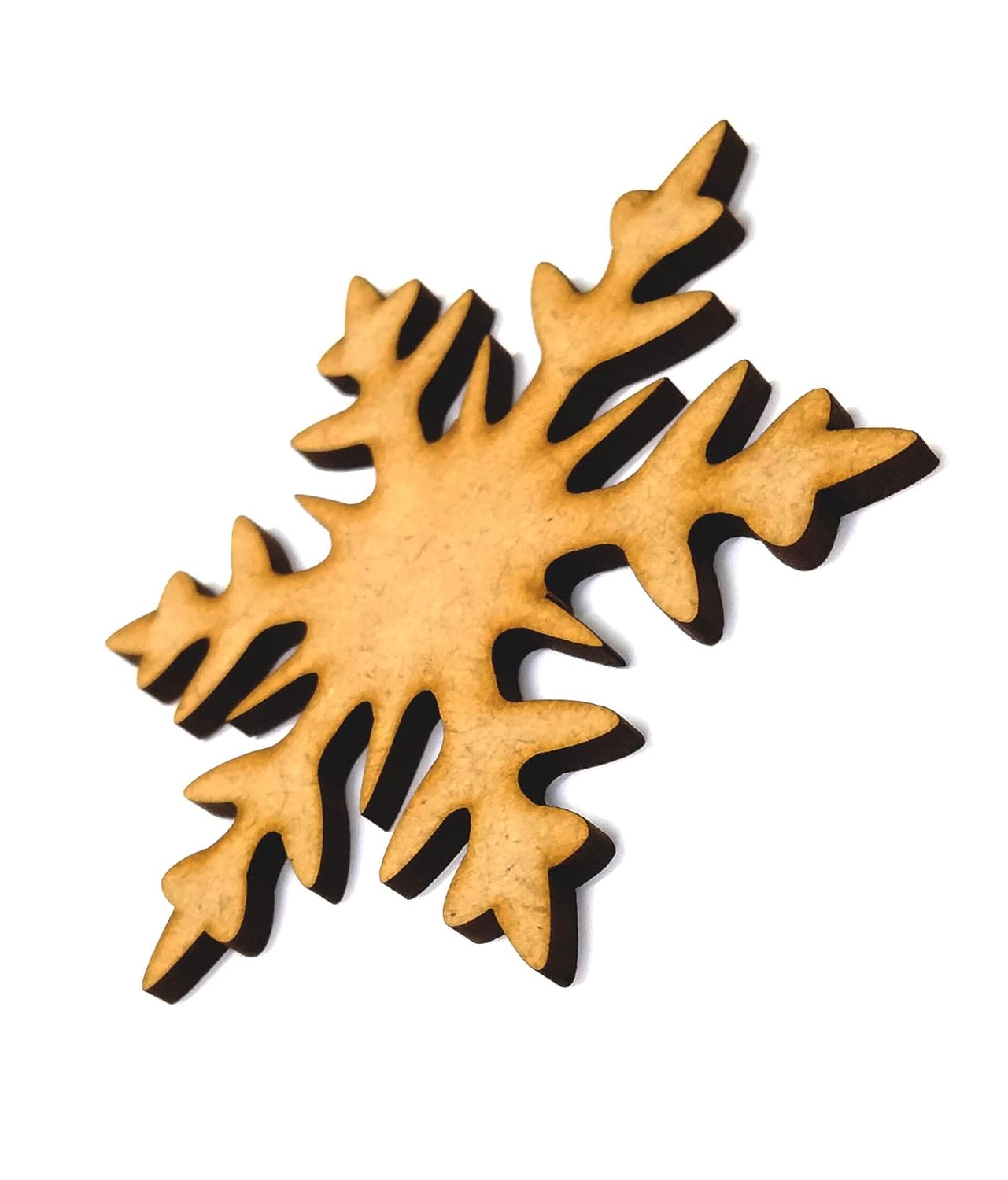Decorative wooden snowflake with black accents on a white background