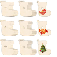 Set of wooden Christmas stockings with decorative designs on a white background