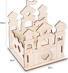 Wooden castle model with measurements on a white background