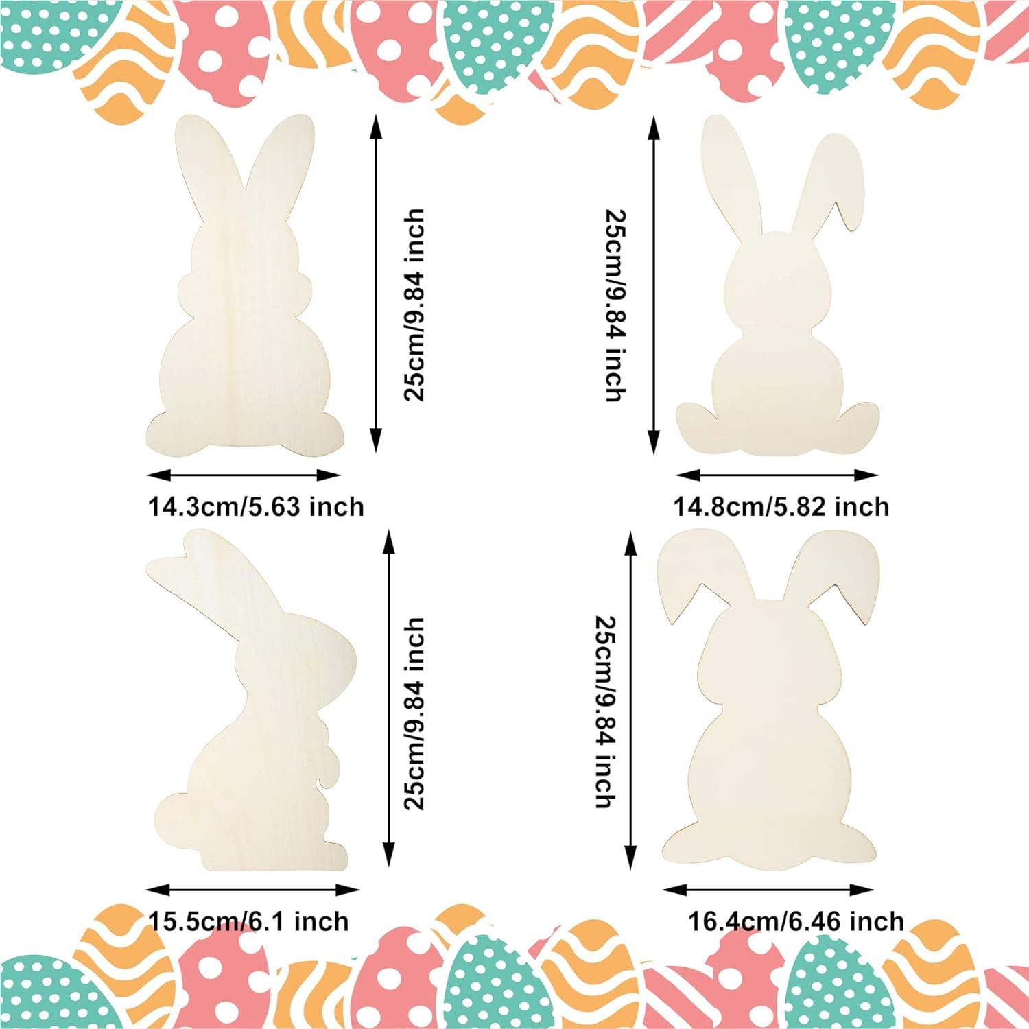 Dimensions of white bunny shapes with colorful Easter-themed border