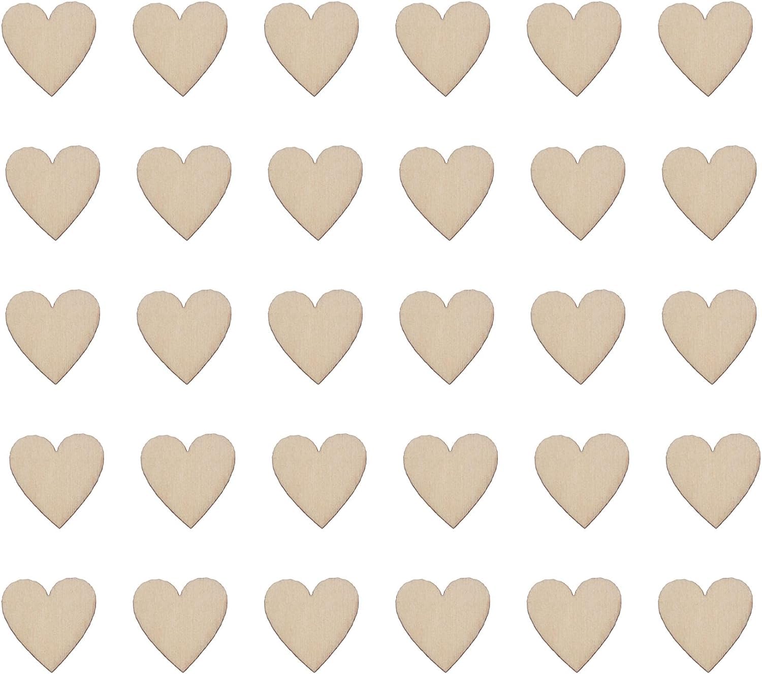 Multiple wooden heart shapes arranged in a grid on a white background