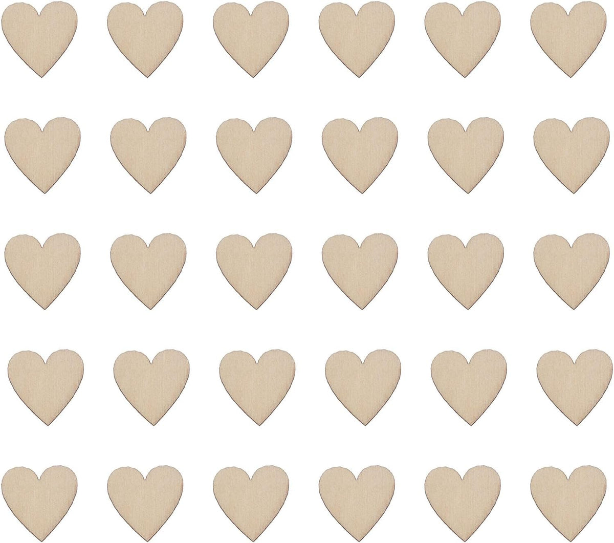 Multiple wooden heart shapes arranged in a grid on a white background