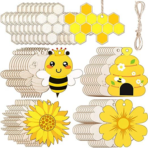 Set of bee-themed wooden decorations including honeycomb, bees, beehives, and sunflowers.