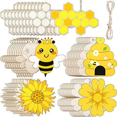 Set of bee-themed wooden decorations including honeycomb, bees, beehives, and sunflowers.