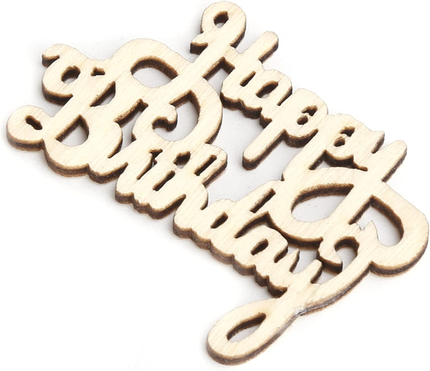 Wooden 'Happy Birthday' cutout decorations on a white background