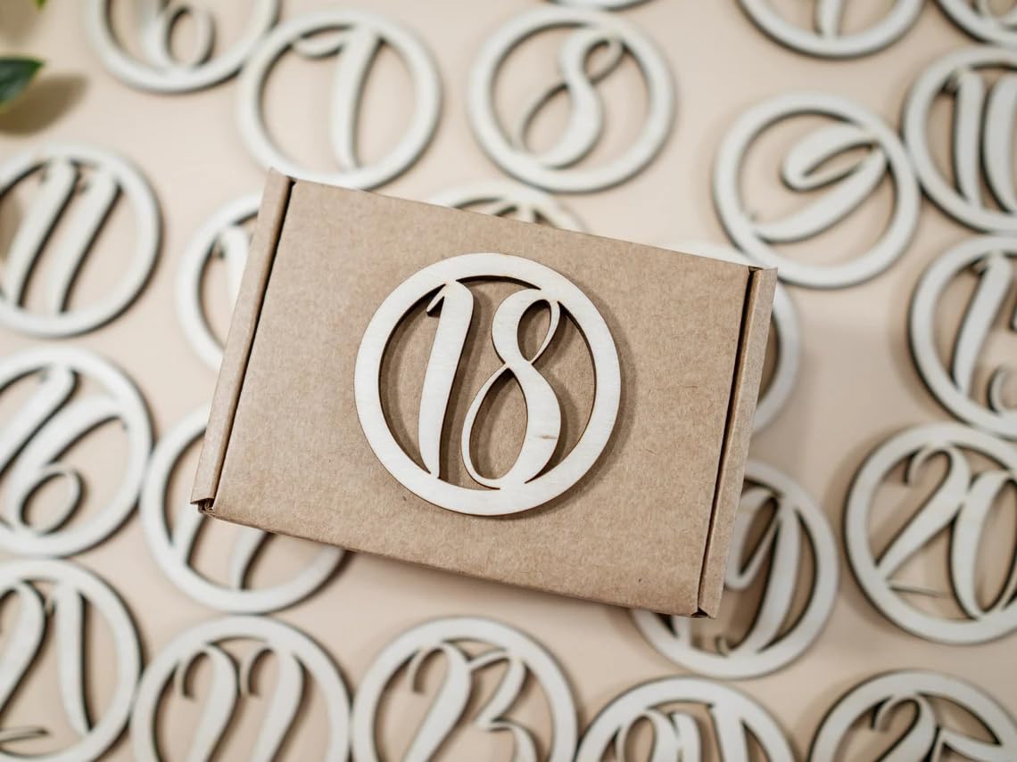 Kraft paper box with a wooden number '18' on a patterned background