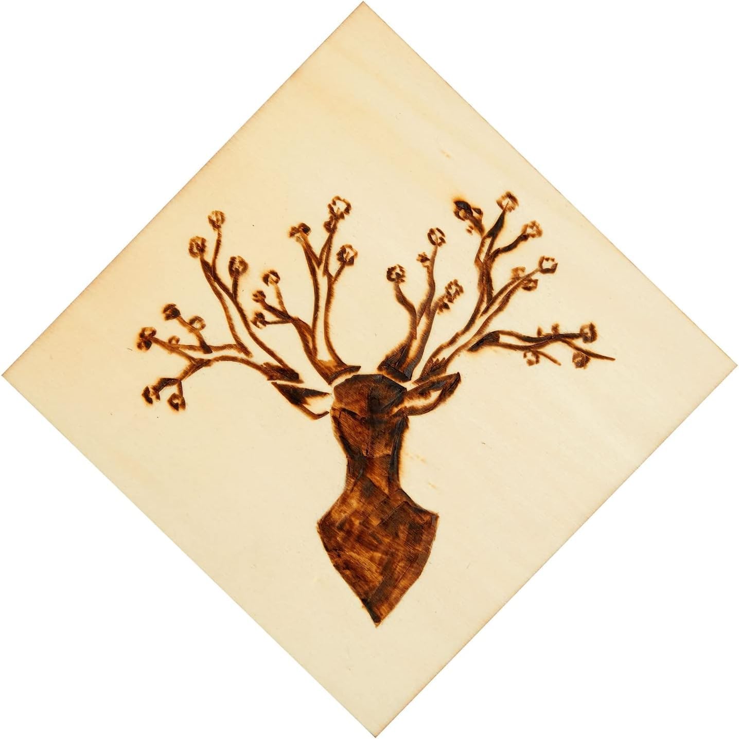 Wooden plaque with a laser-cut deer head design on a beige background