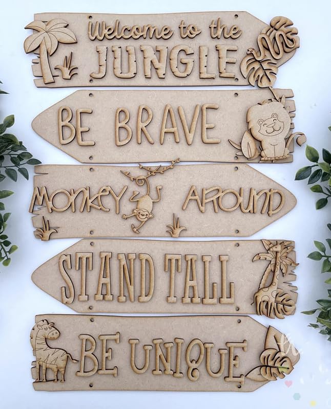 Set of wooden signs with motivational phrases and animal illustrations on a white background.