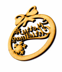 Wooden Christmas ornament with a bow and snowflake design on a white background