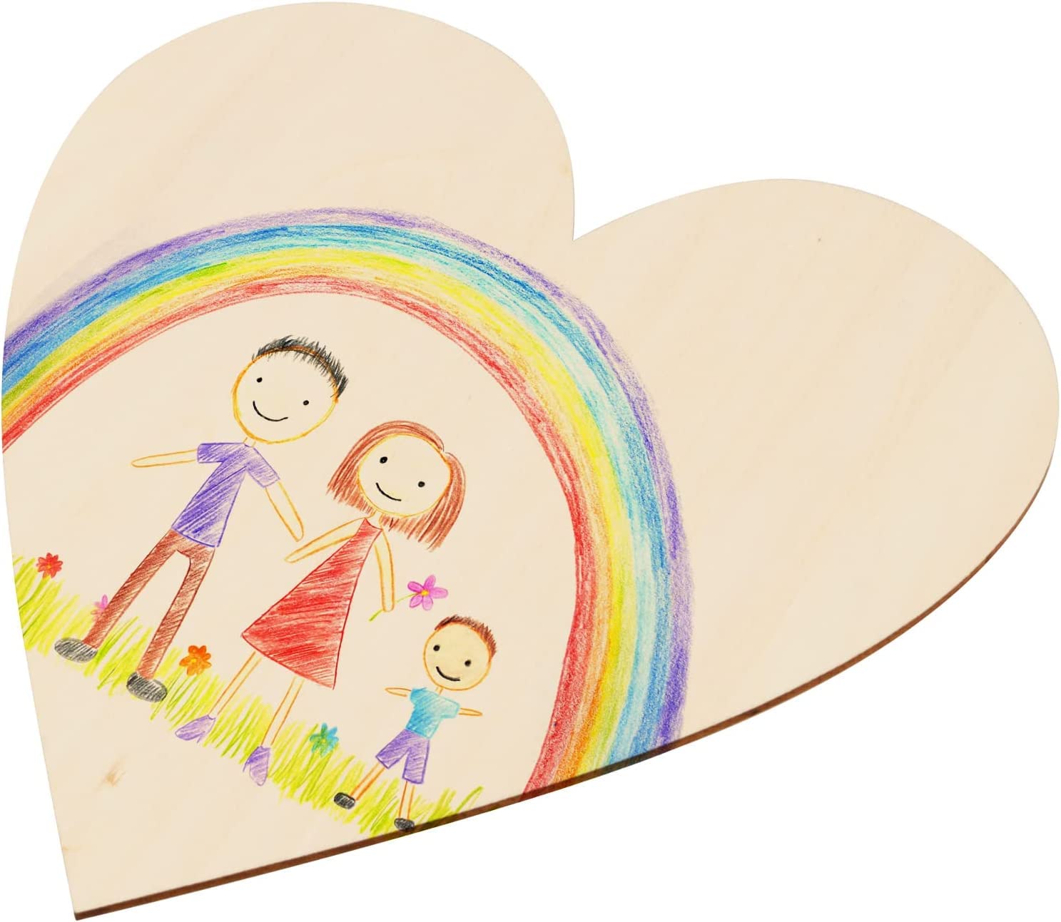 Heart-shaped wooden plaque with a child's drawing of a family and rainbow