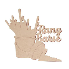 Wooden cutout of a shoe with fries and 'Rang Barse' text on a white background