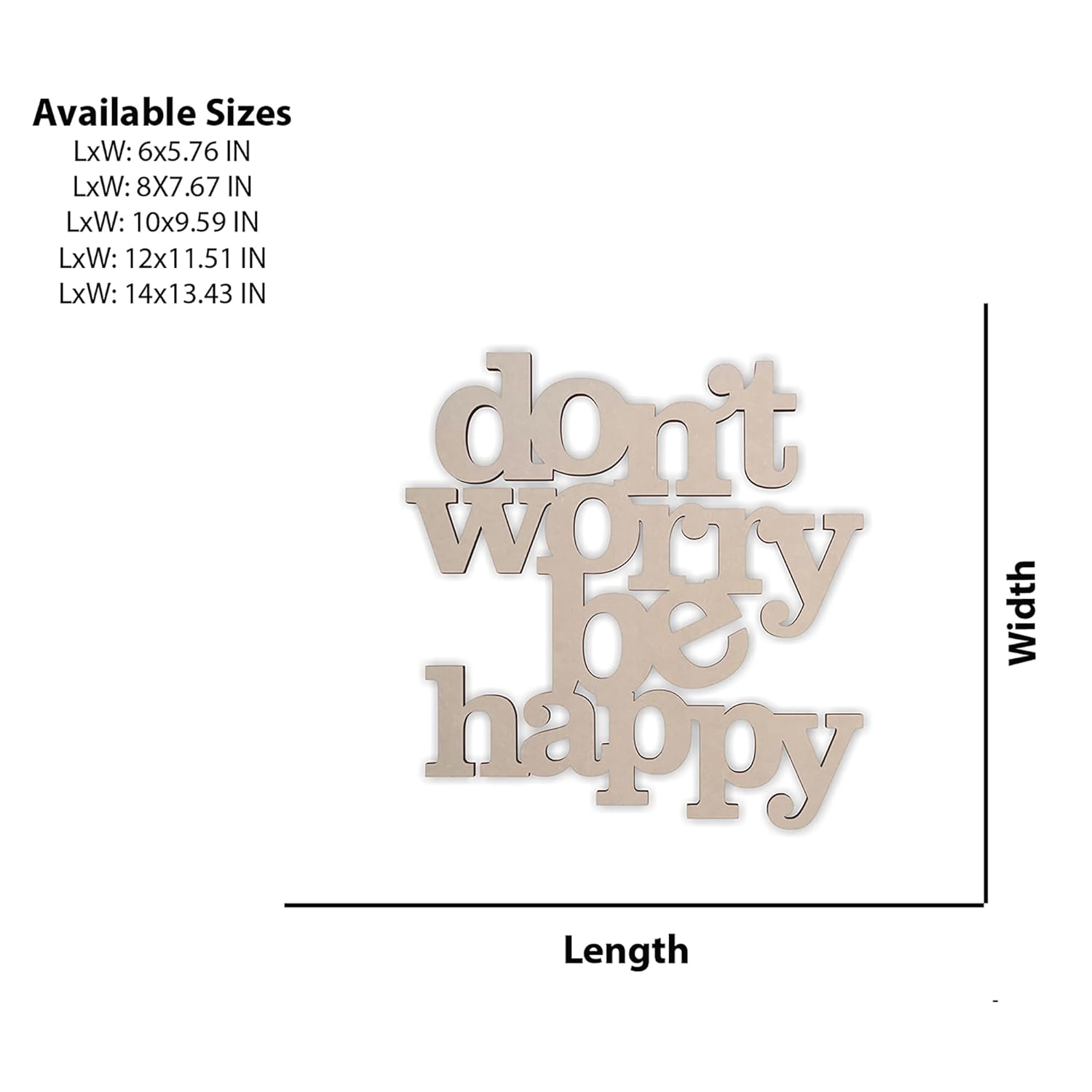 Wooden decorative sign with 'don't worry be happy' text, shown with size chart on a white background.