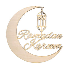 Decorative wooden sign with 'Ramadan Kareem' text and a hanging lantern on a white background