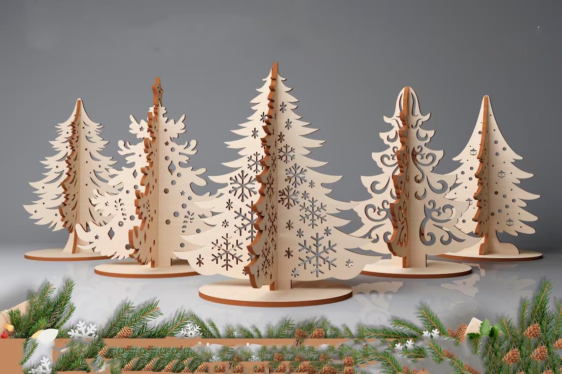 Set of wooden Christmas tree decorations on a gray background