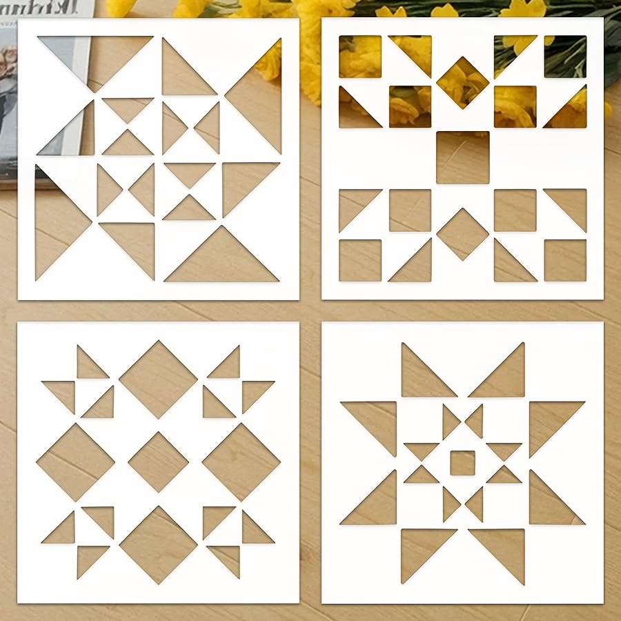Set of geometric wooden stencils on a wooden surface with yellow flowers in the background.