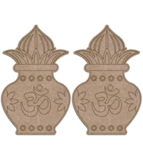 Two decorative items with Om symbol and floral design on a beige background