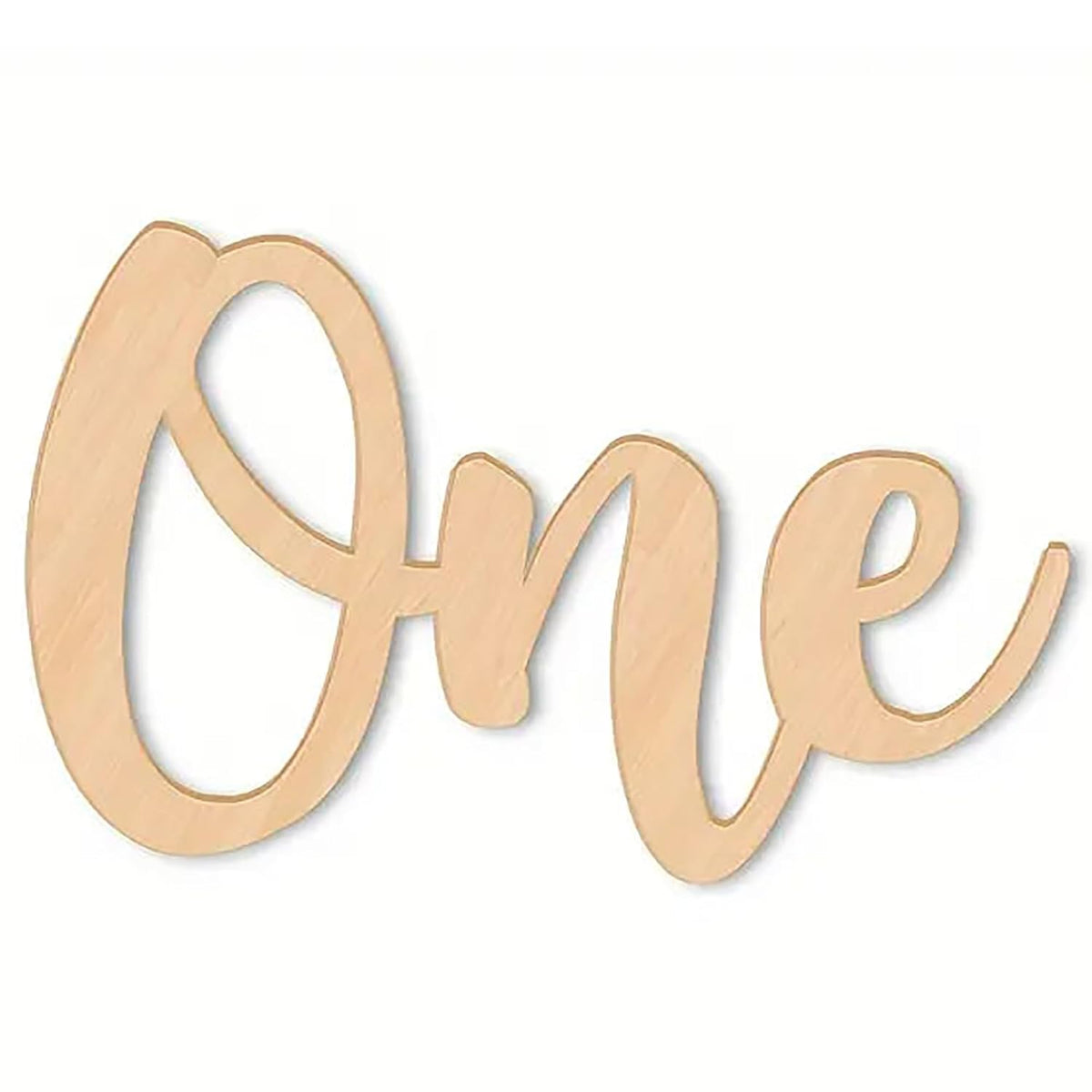 Wooden cutout spelling 'One' on a white background