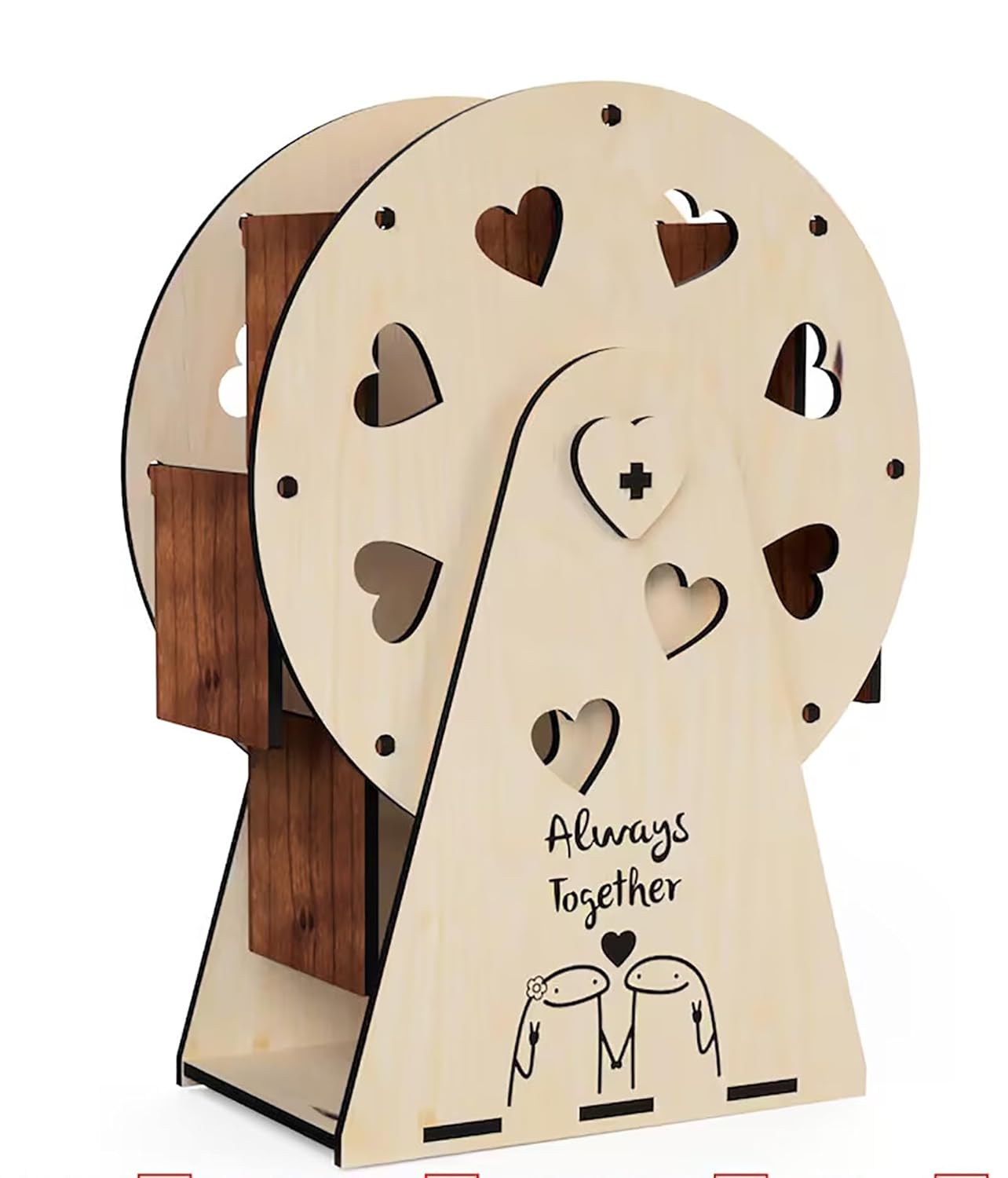 Wooden decorative item with heart shapes and 'Always Together' text on a white background