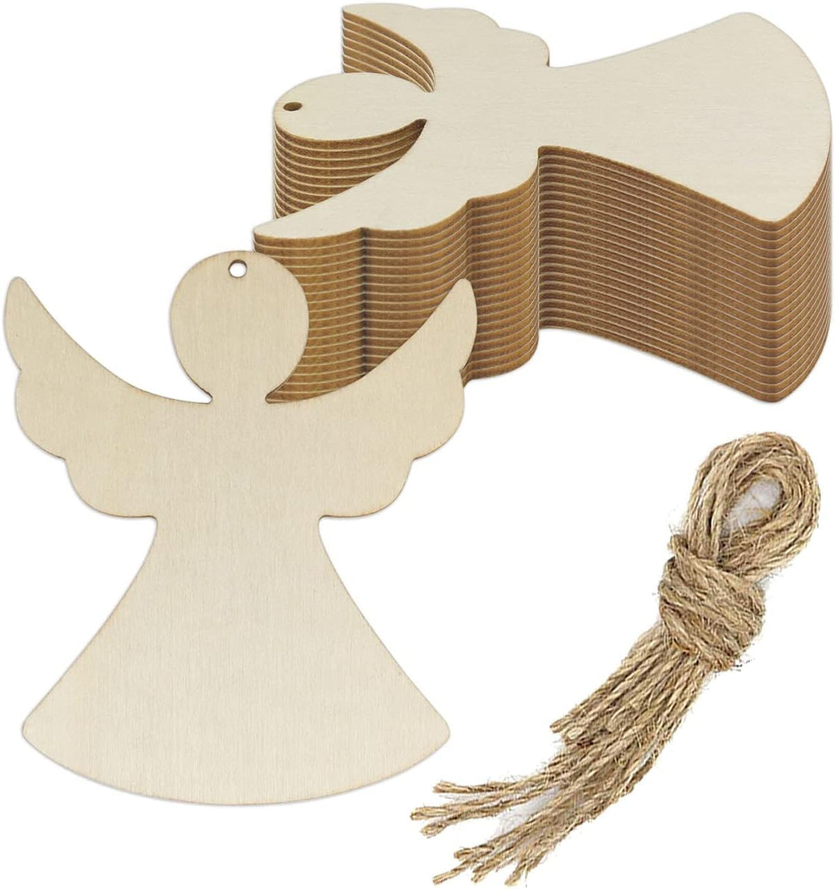 Unfinished wooden angel shapes with twine on a white background