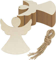 Unfinished wooden angel shapes with twine on a white background