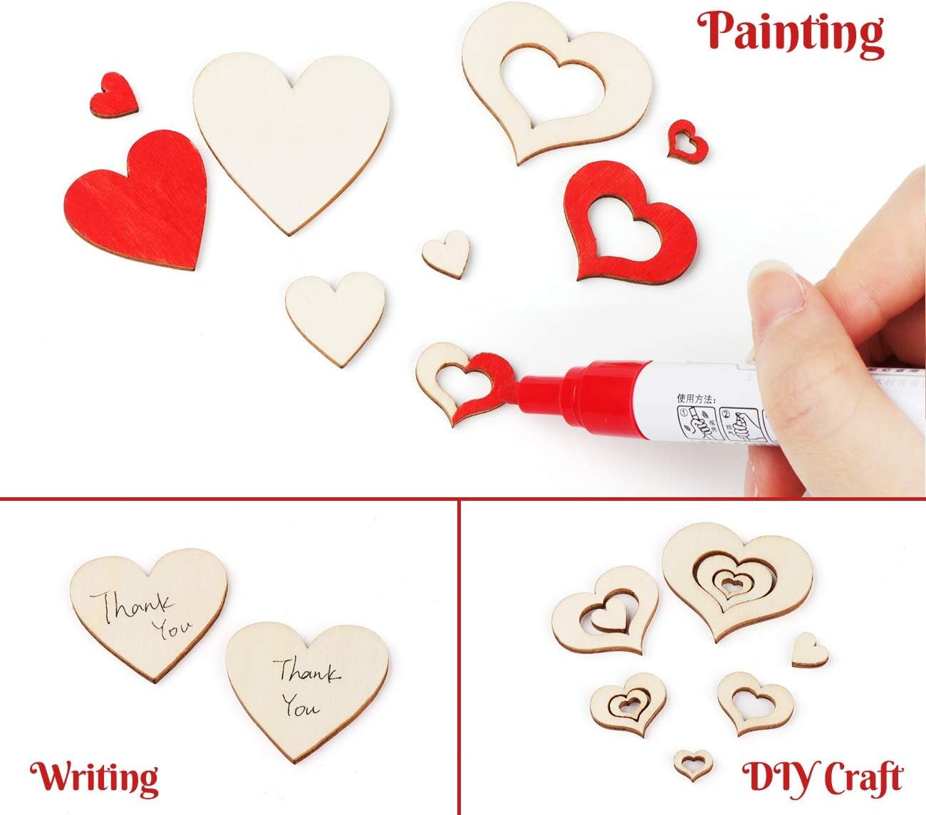 Wooden heart-shaped decorations with red and white paint, and a hand writing 'Thank You' on one of them.