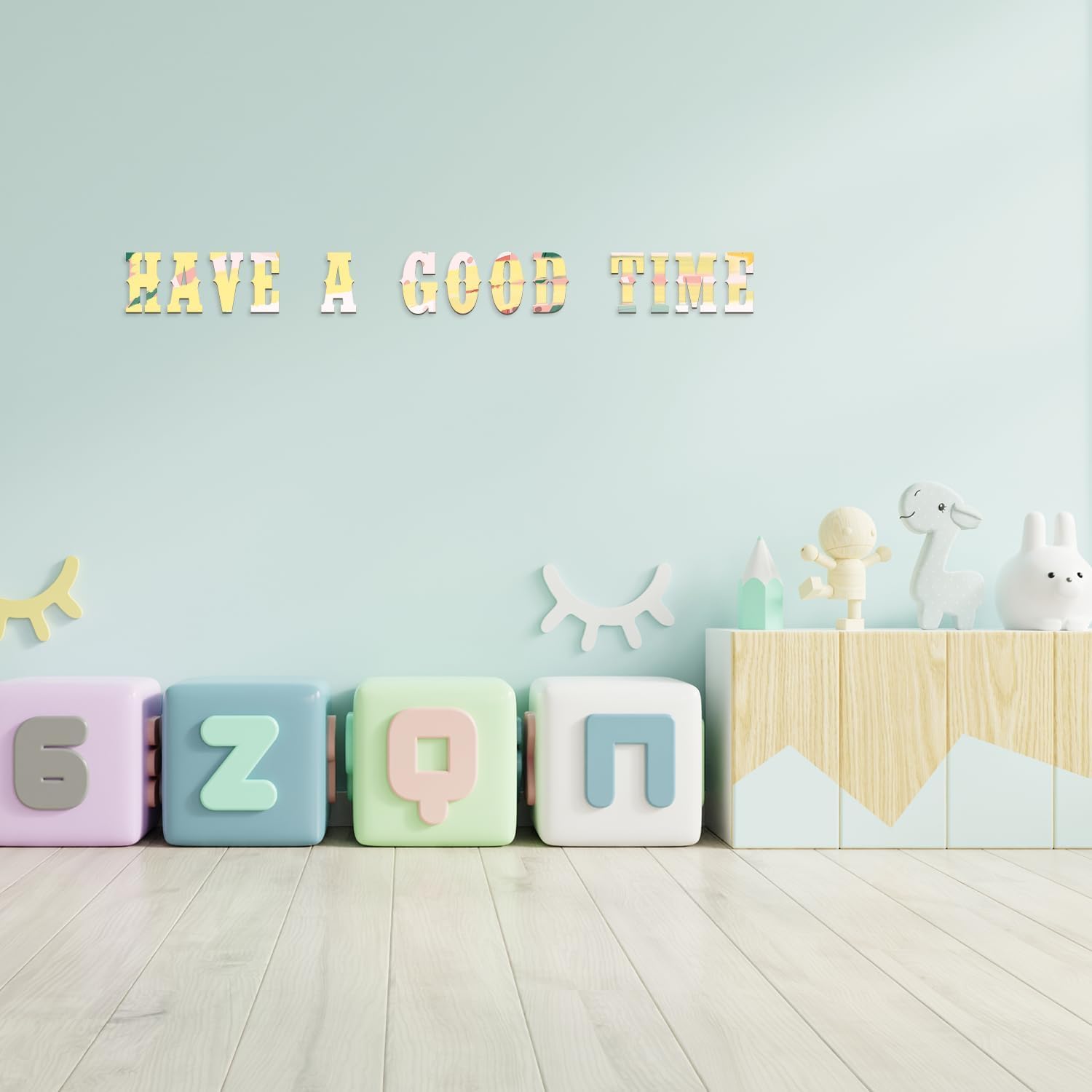 Colorful letter blocks on a light wooden floor with a light blue wall and decorative items.
