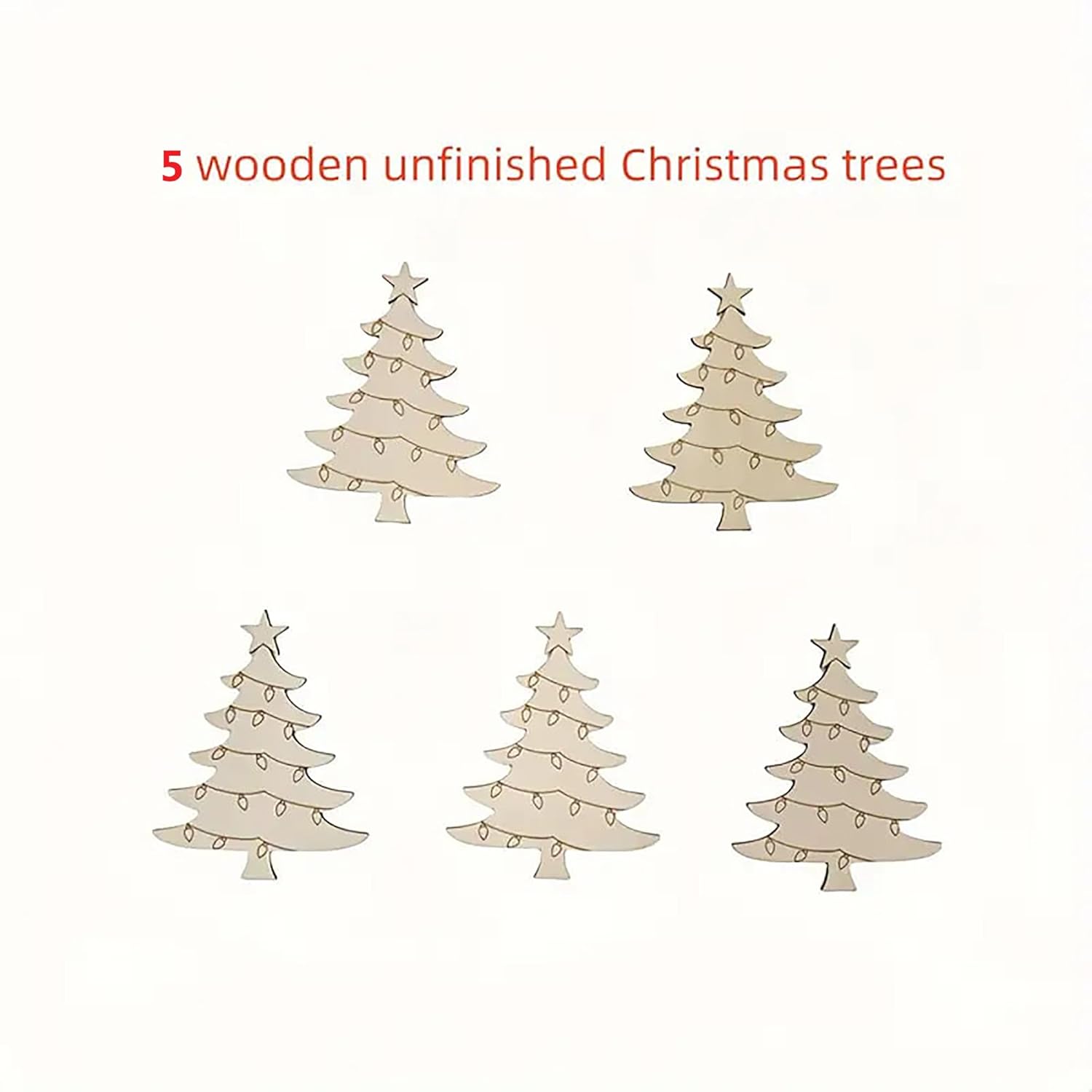Five unfinished wooden Christmas trees on a white background with text indicating quantity.