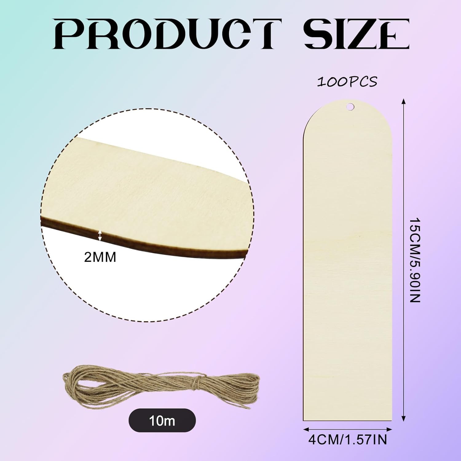 Product size details of wooden sticks with measurements on a gradient background