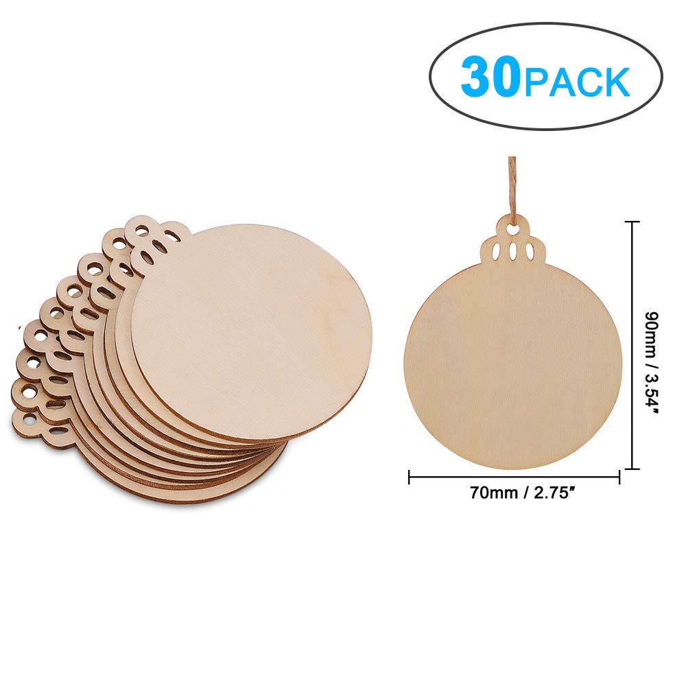 30-pack of wooden round cutouts with decorative edges on a white background