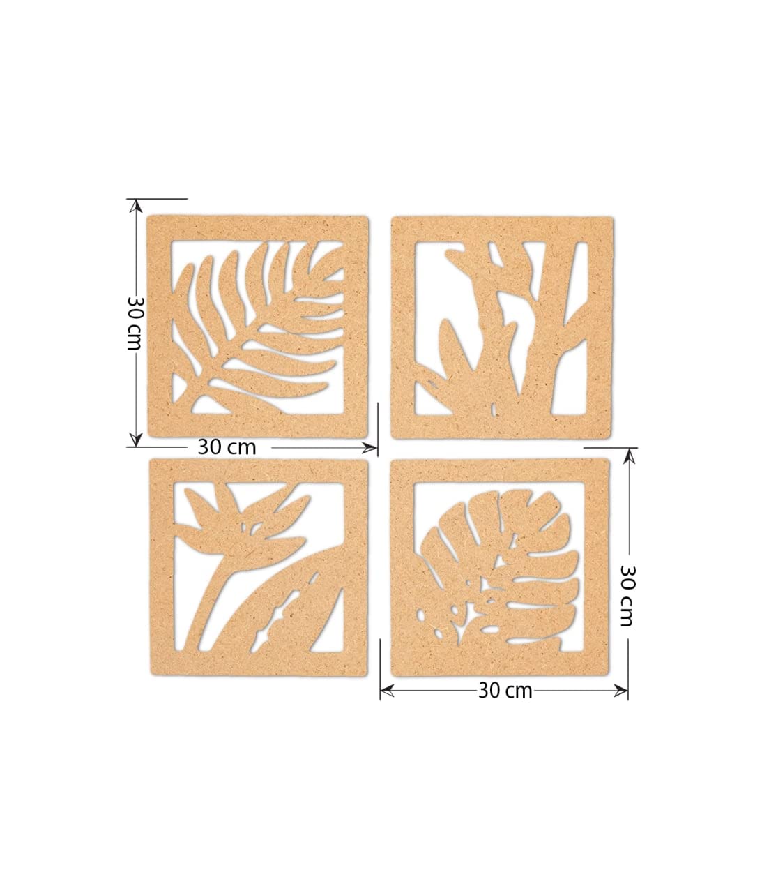 Four wooden coasters with leaf patterns and measurements on a white background