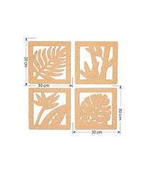 Four wooden coasters with leaf patterns and measurements on a white background