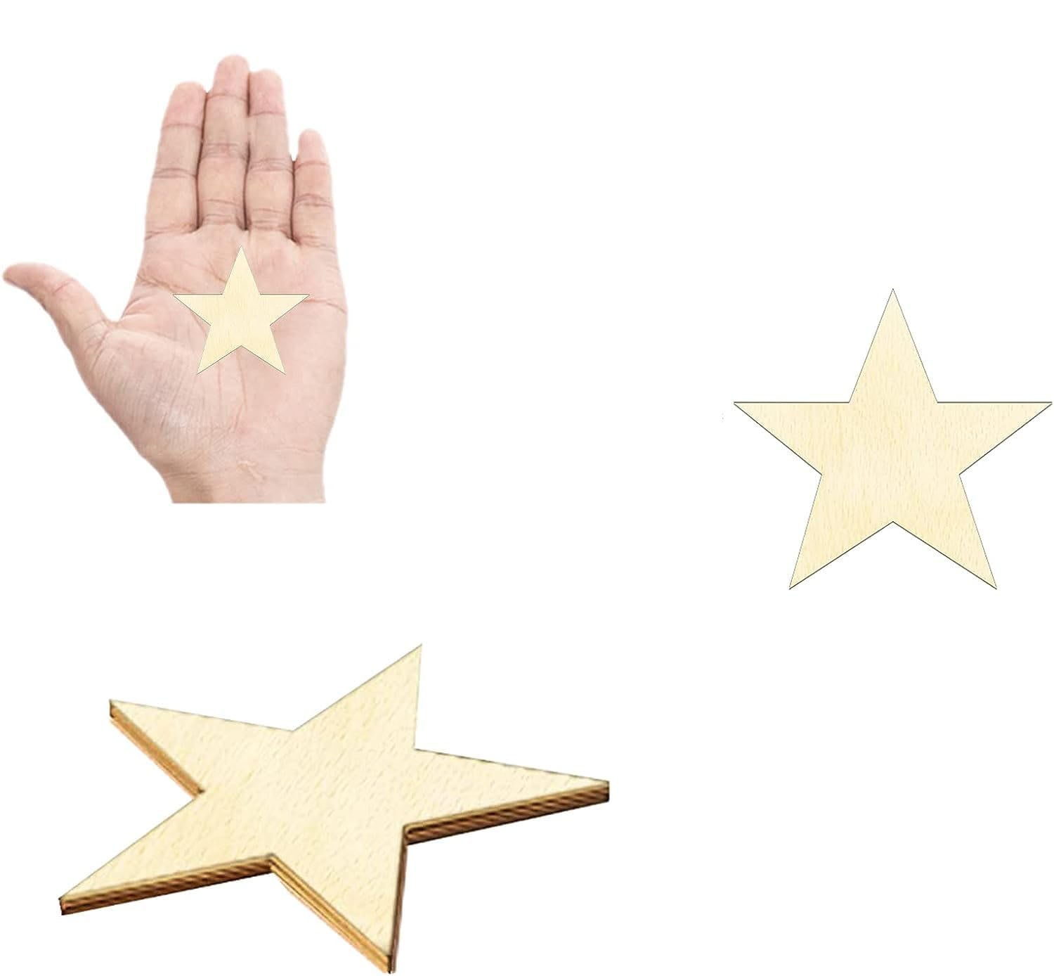 Three wooden stars of different sizes on a white background with a hand for scale.