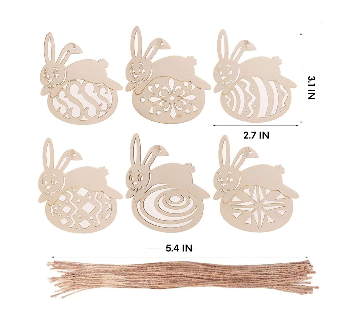 Set of wooden bunny-shaped cutouts with string, measurements indicated.