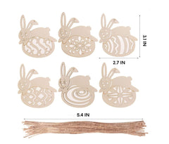 Set of wooden bunny-shaped cutouts with string, measurements indicated.