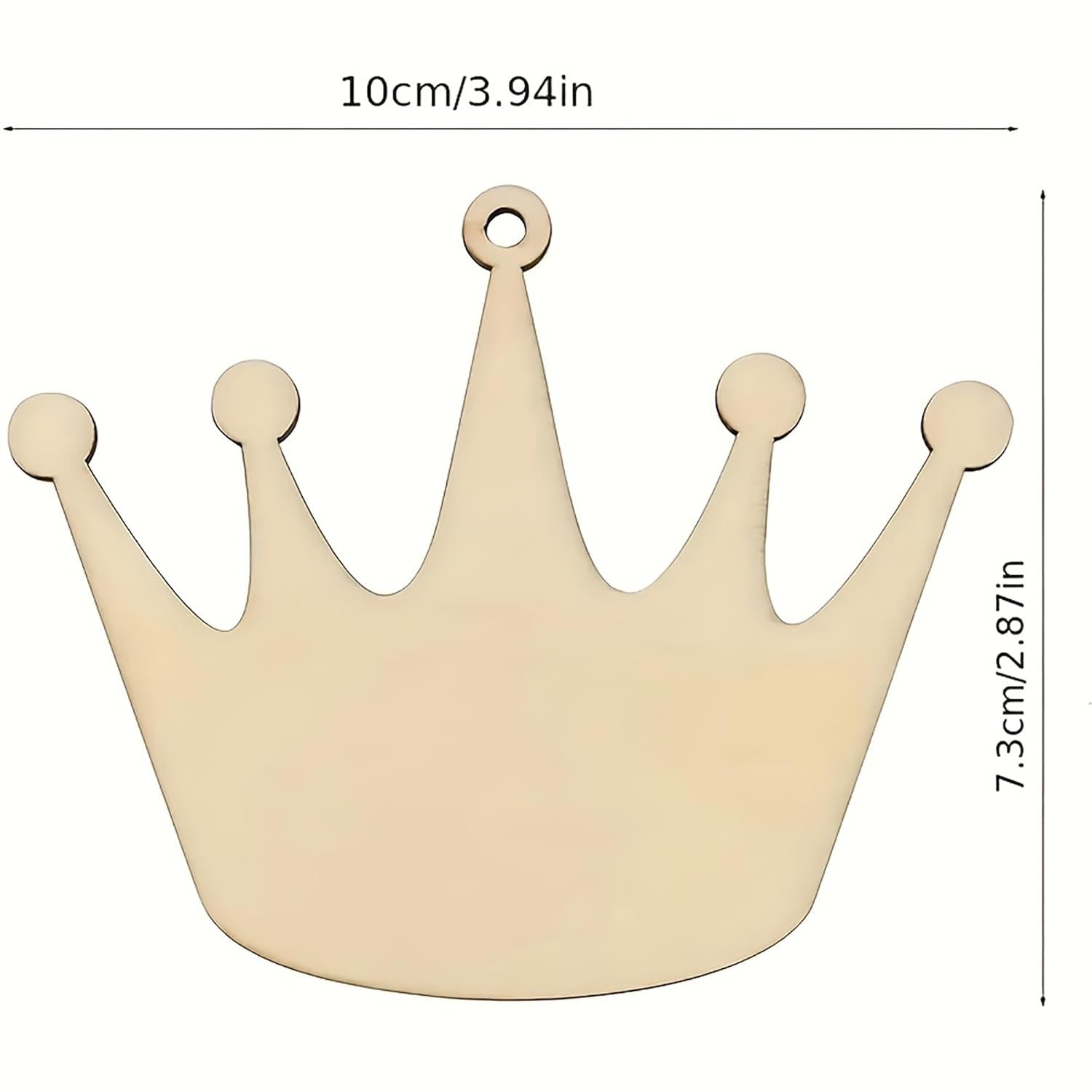 Wooden crown-shaped ornament with measurements on a white background