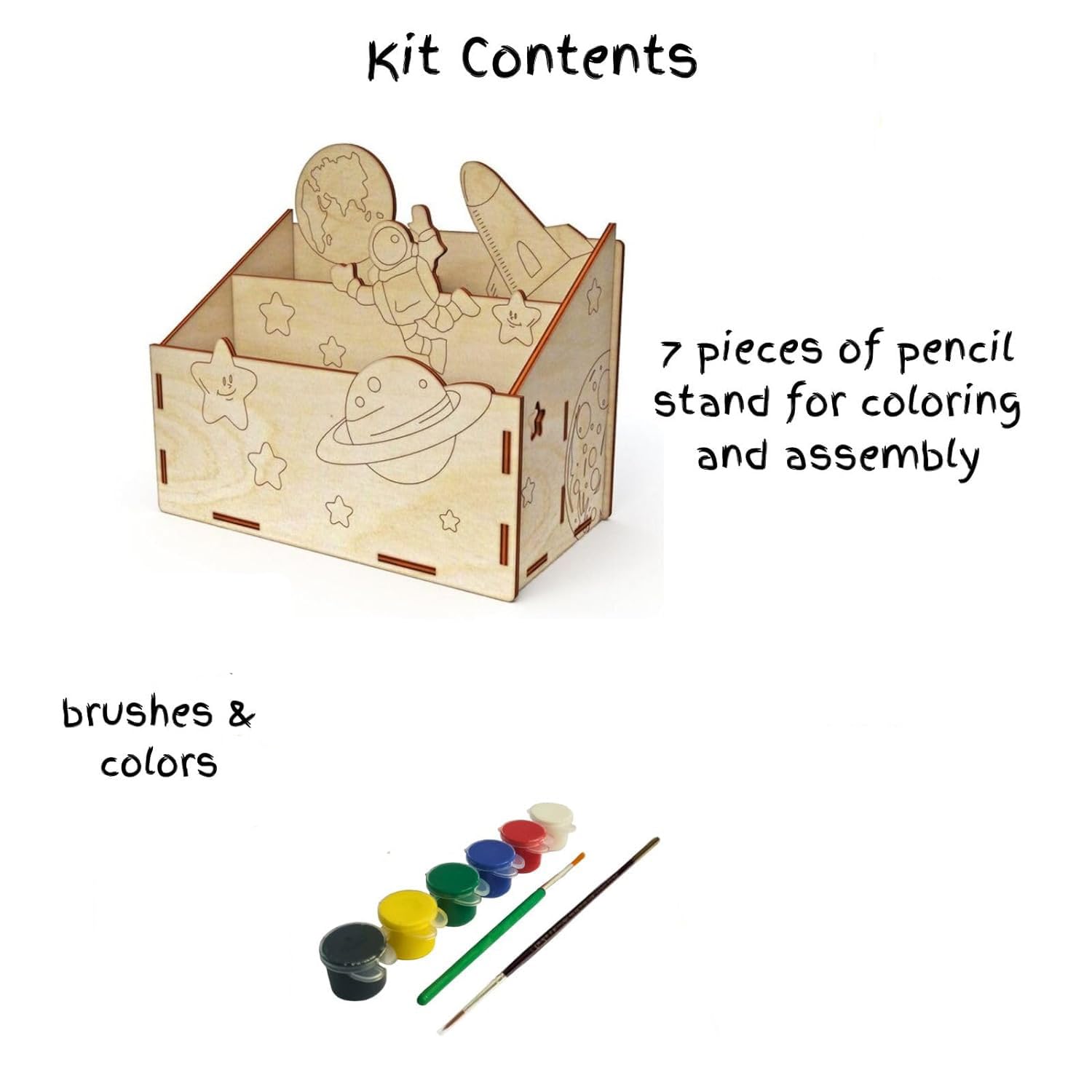 Wooden kit with pencil stand pieces and paint supplies on a white background