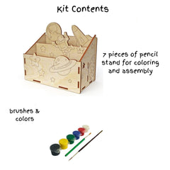 Wooden kit with pencil stand pieces and paint supplies on a white background