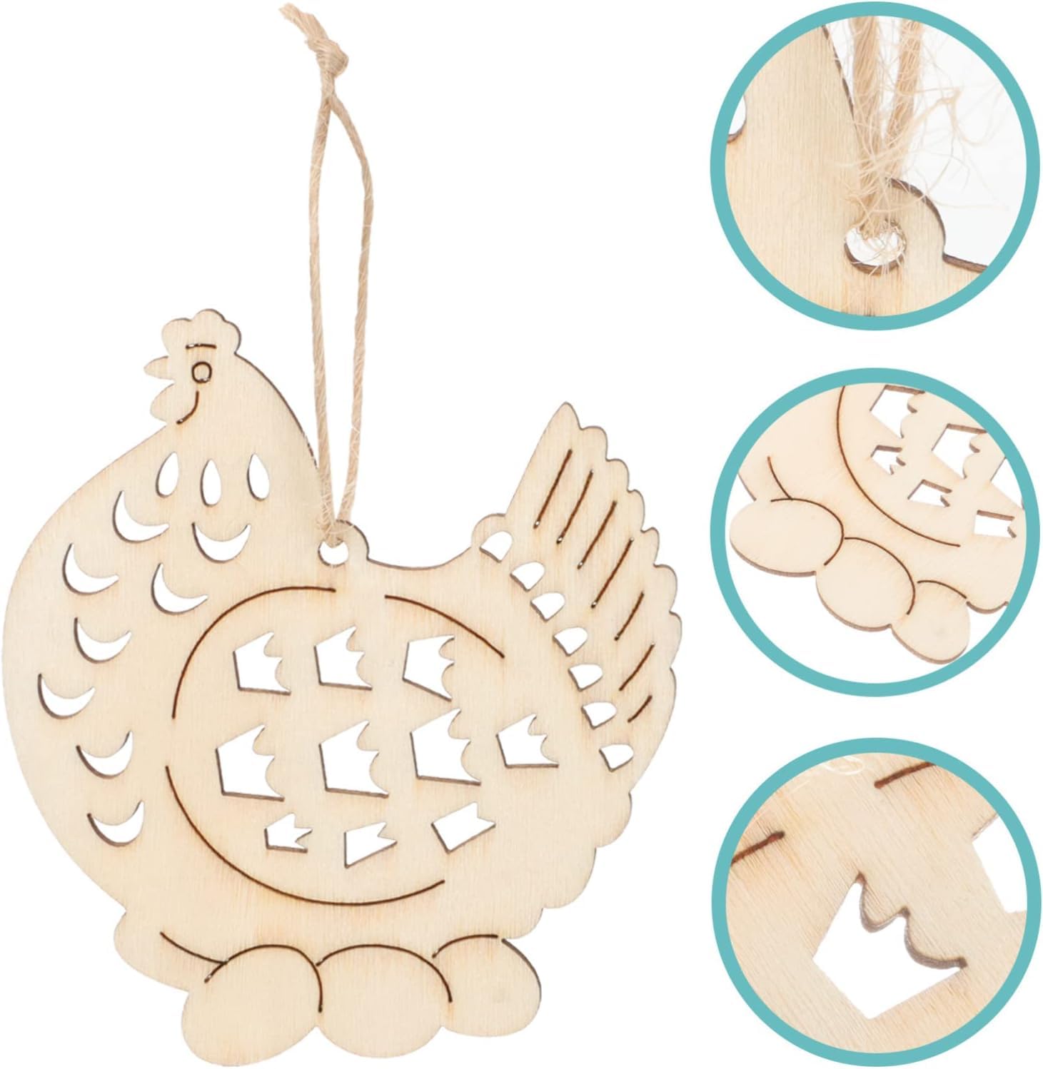 Wooden rooster ornament with cut-out details on a white background