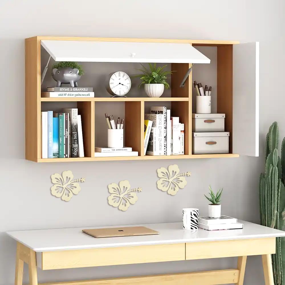 Wooden desk with wall-mounted shelves and decorative elements in a room.