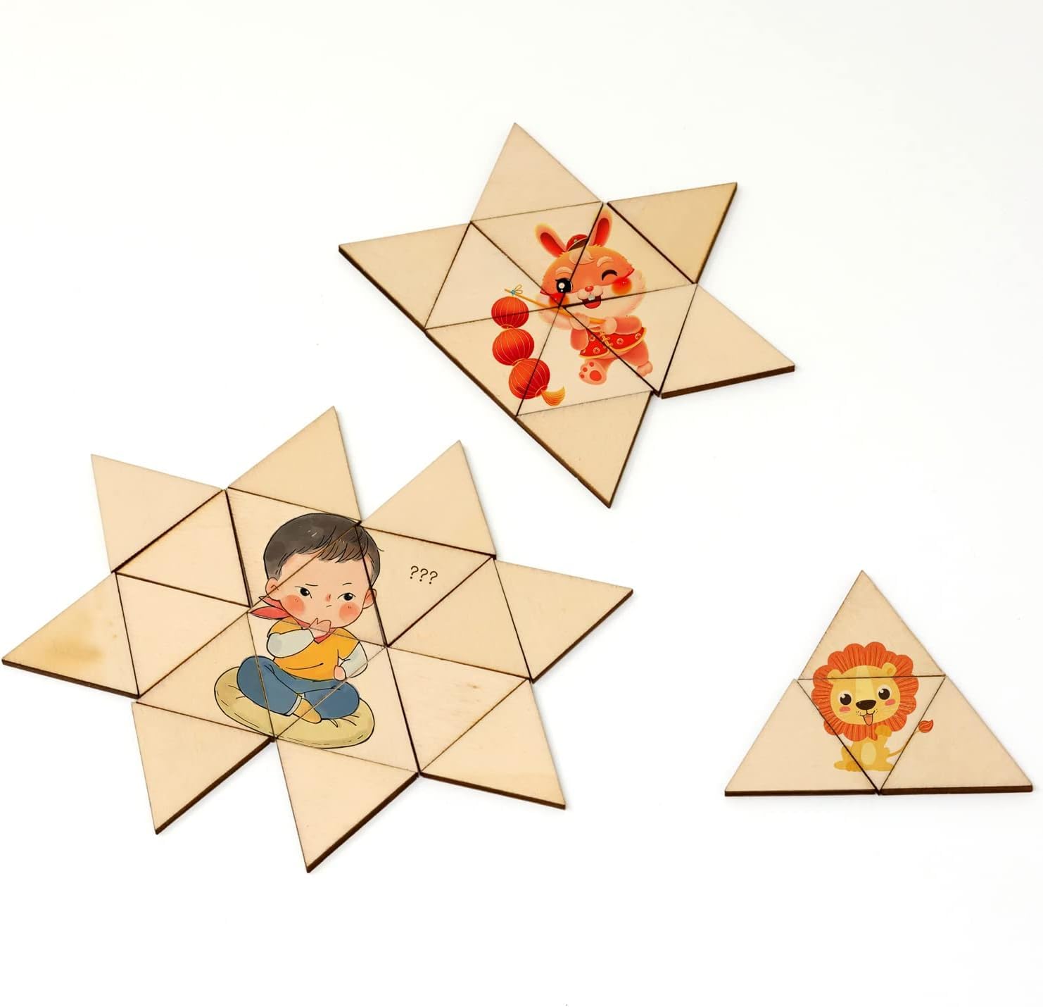 Wooden puzzle pieces with cartoon characters on a white background